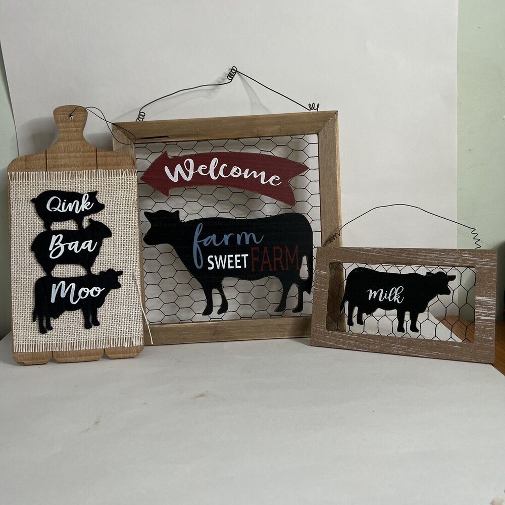 Farmhouse Decor  3 Piece Hanging Cows Pig Lamb Cutting Board Style Country New